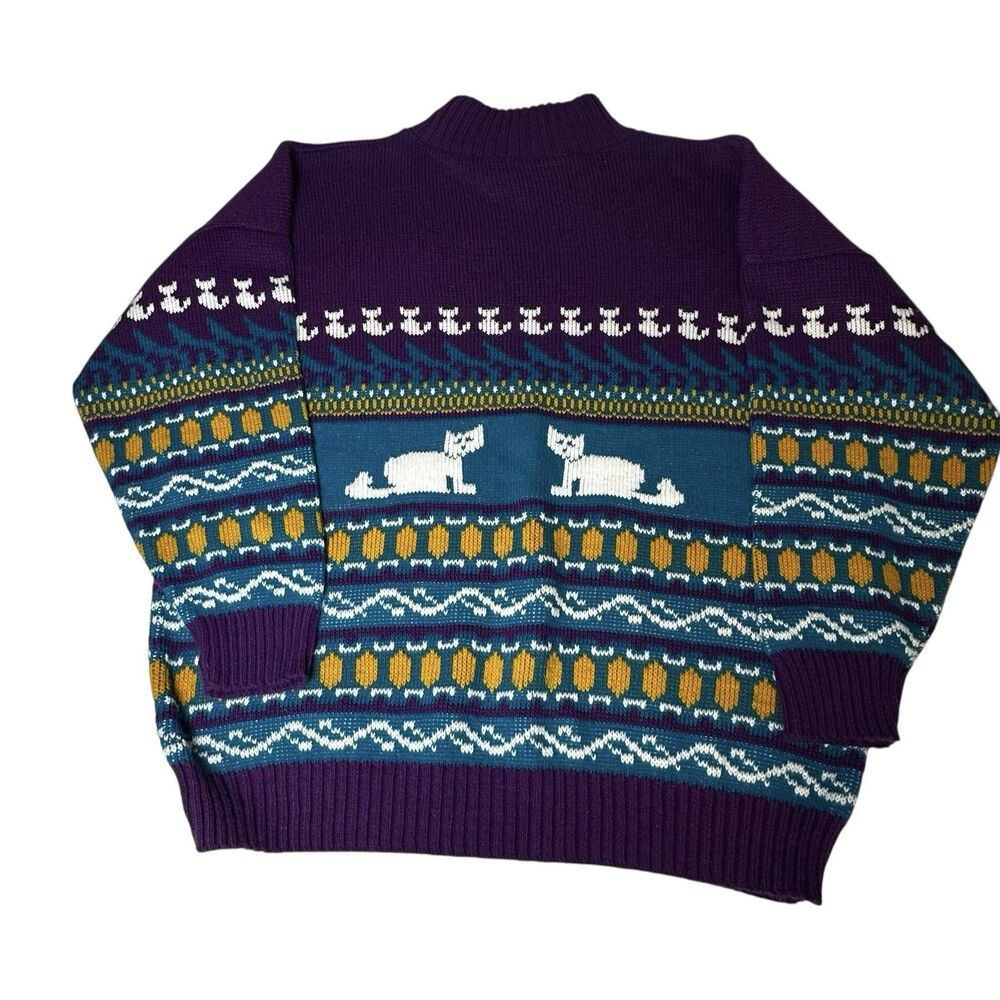 Private Eyes Women's Purple Cats Mock Neck Knit‎ Sweater Made in USA Size 4